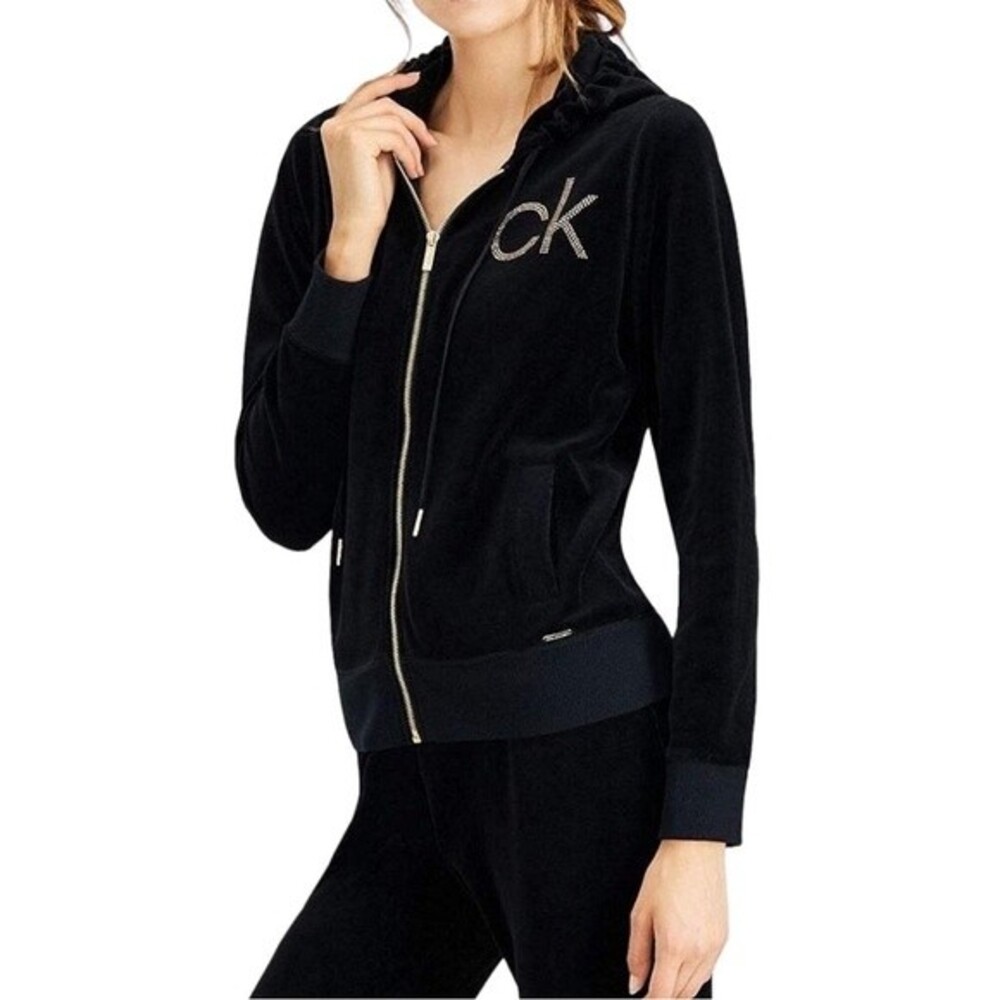 Calvin Klein Women's Embellished Logo Velour Hoodie Sweatshirt
